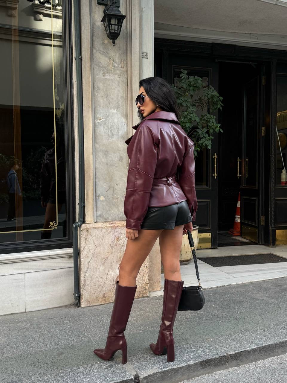 Burgundy Faux Leather Belted Jacket