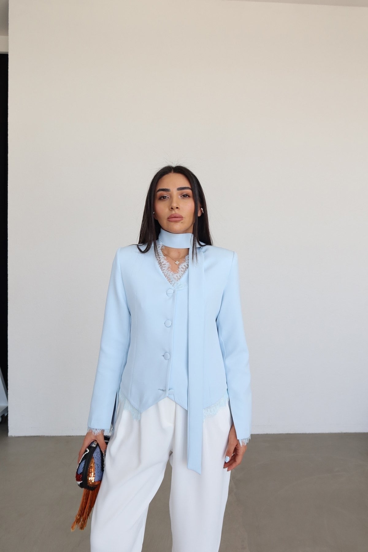Blue Lace Trim Tie-Neck Blazer