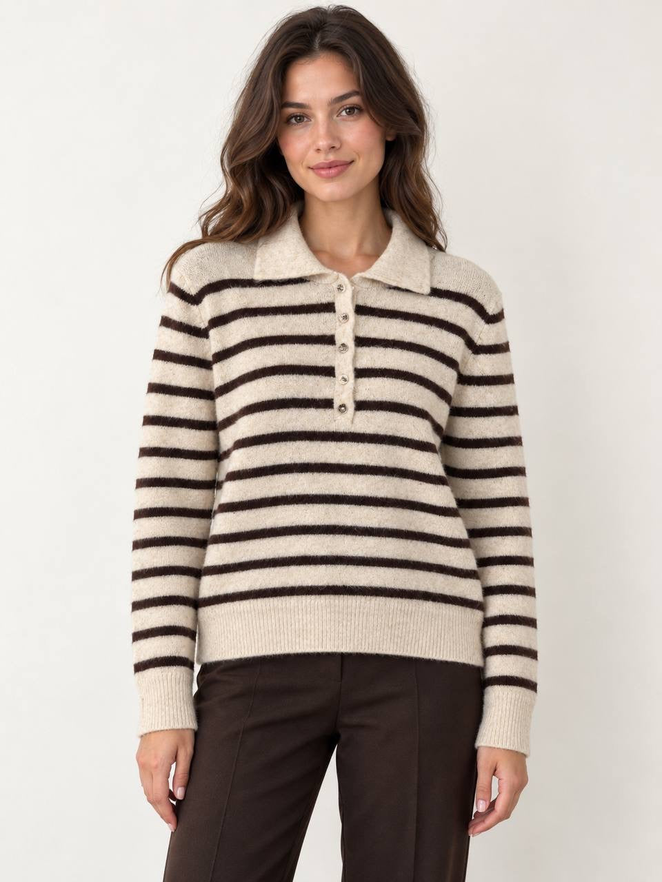 Beige Striped Fluffy Polo Sweater