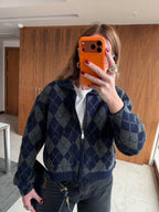 Classic Argyle Knit Zip Cardigan