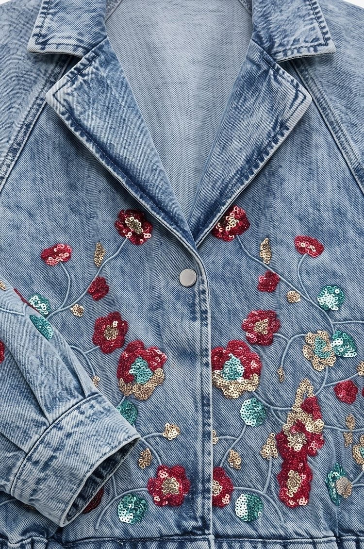 Embroidered Floral Denim Blazer