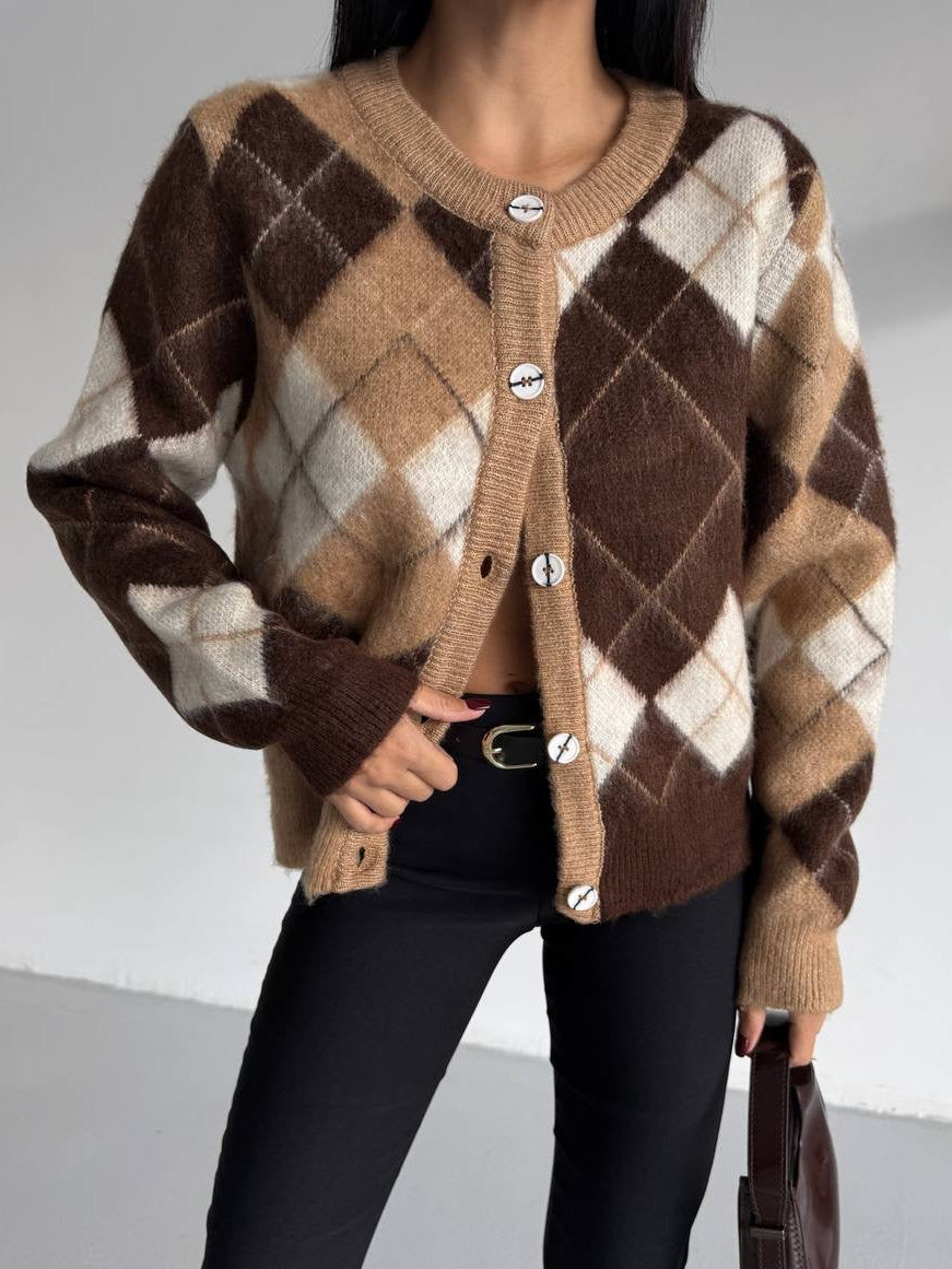 Brown Argyle Cardigan