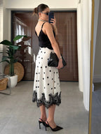 Polka Dot Lace Hem Midi Skirt