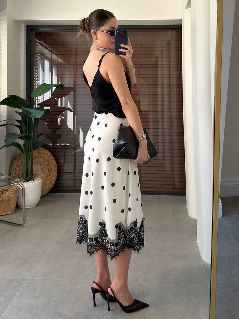 Polka Dot Lace Hem Midi Skirt