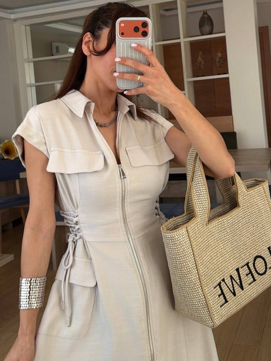 Beige Utility Zip Dress