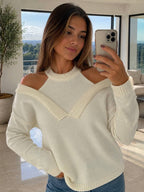 White Cut-Out Shoulder Knit Sweater