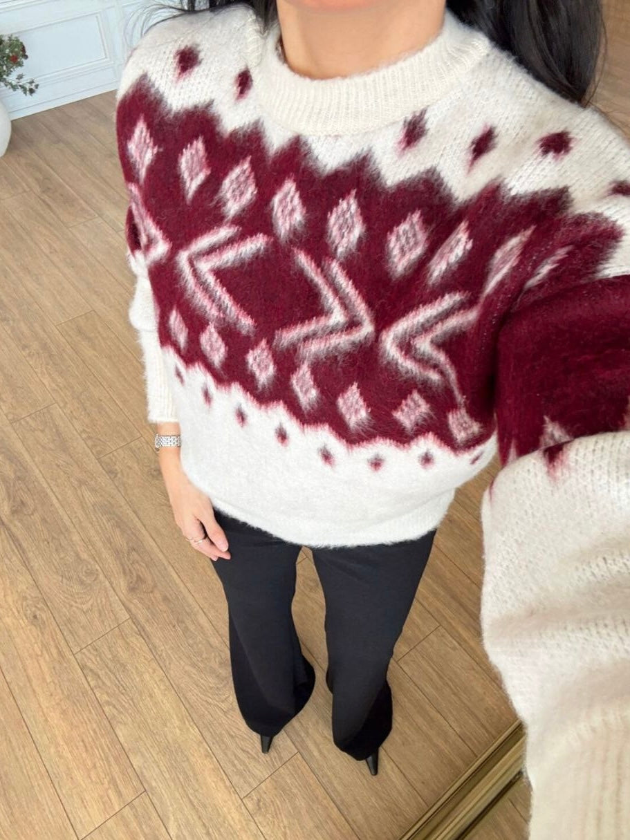 Beige & Burgundy Wool Blouse