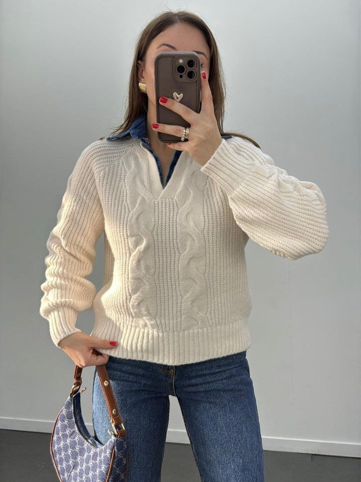 White Knit Collar Sweater