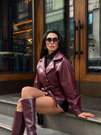 Burgundy Faux Leather Belted Jacket