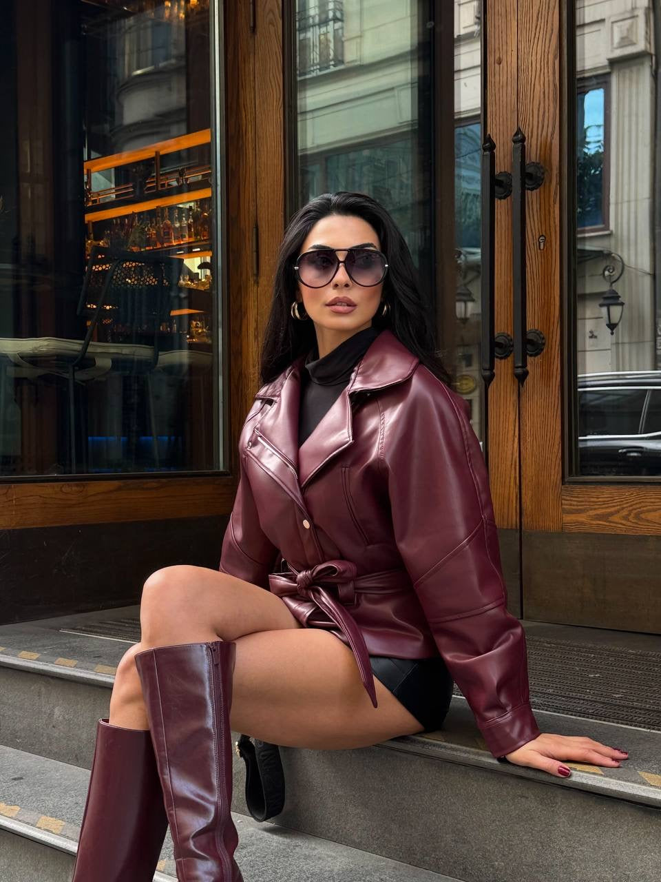 Burgundy Faux Leather Belted Jacket