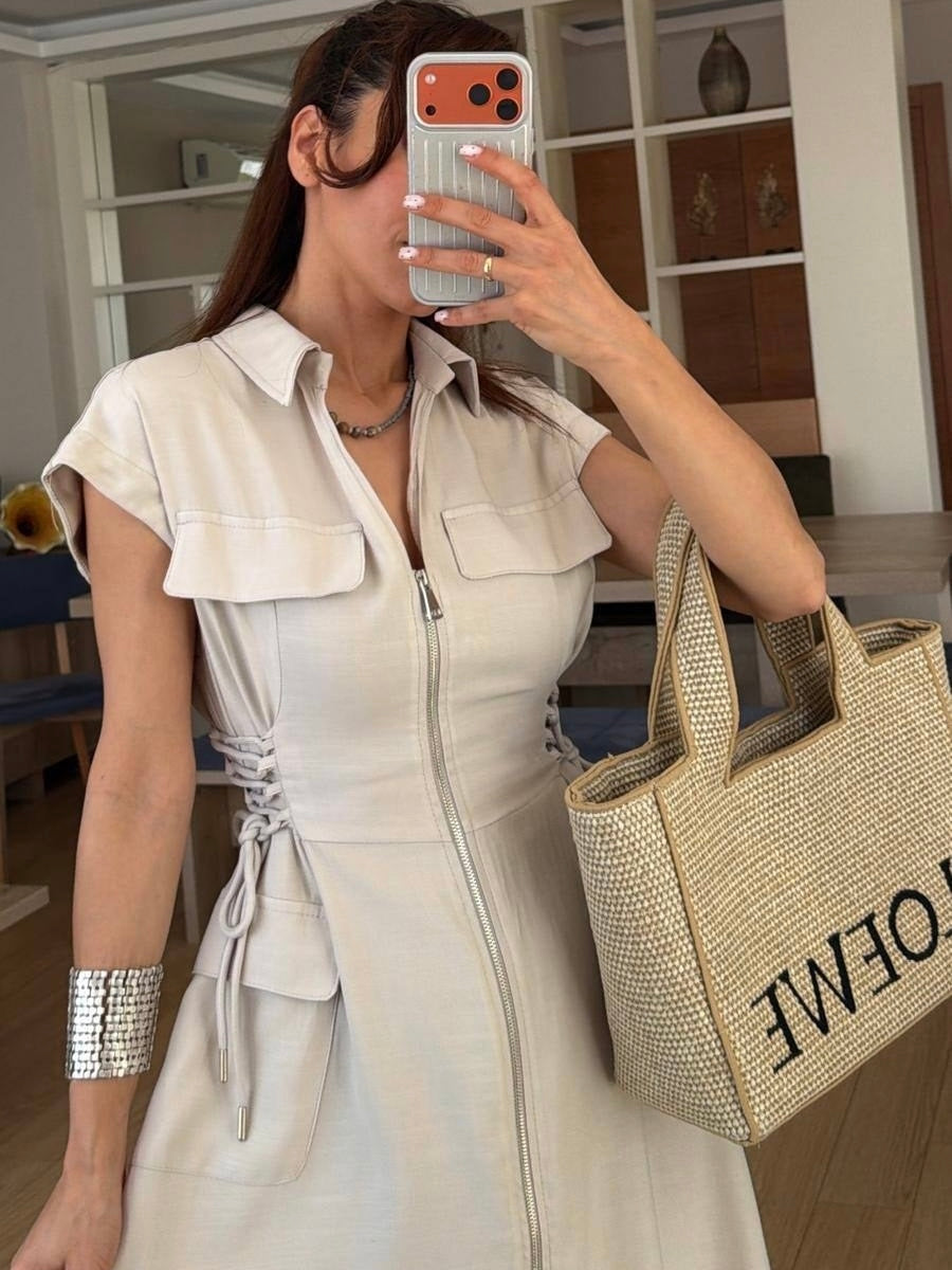 Beige Utility Zip Dress