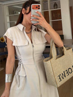 Beige Utility Zip Dress