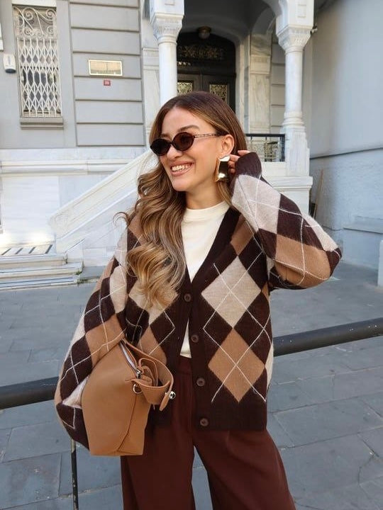 Brown Argyle Knit Cardigan