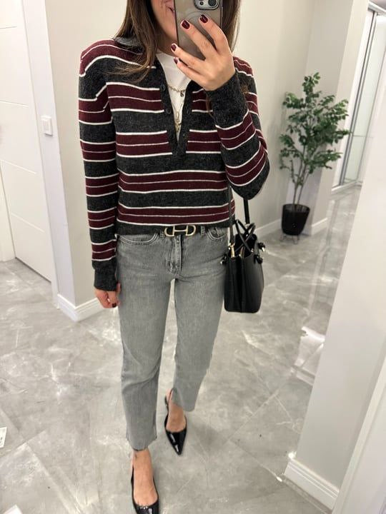 Burgundy Striped Knit Polo Sweater