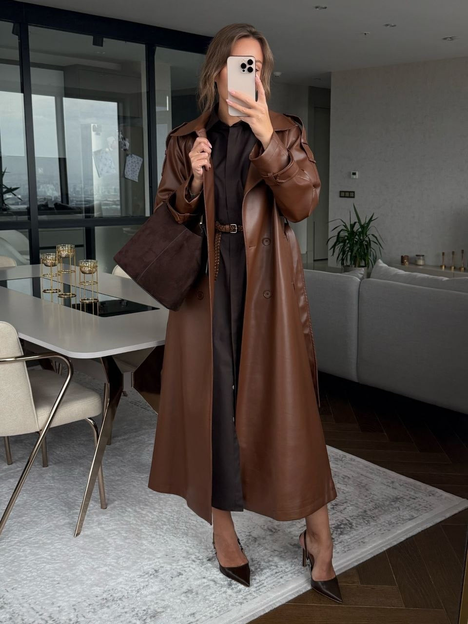 Brown Leather Trench Coat