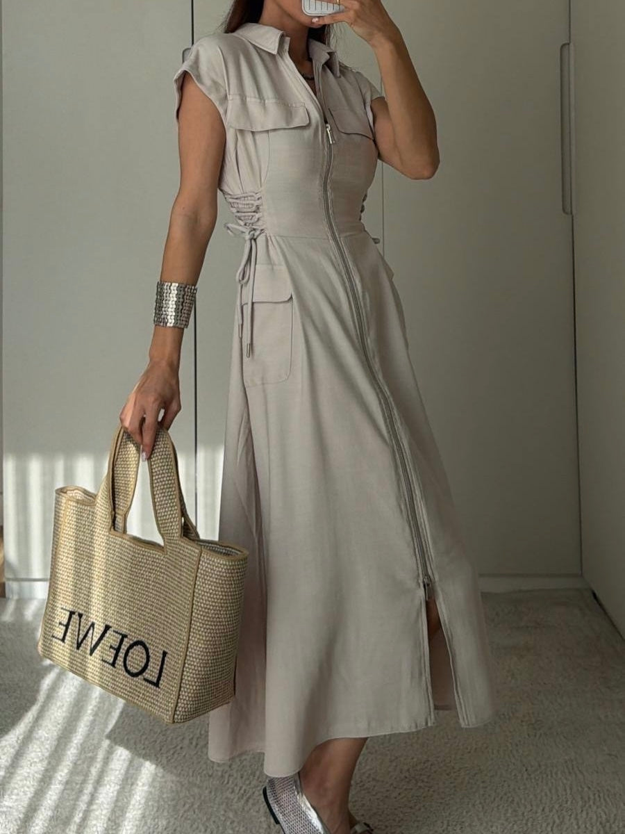 Beige Utility Zip Dress