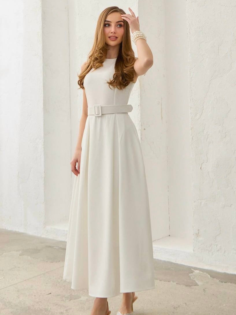 Elegant Ivory Belted Maxi Dress