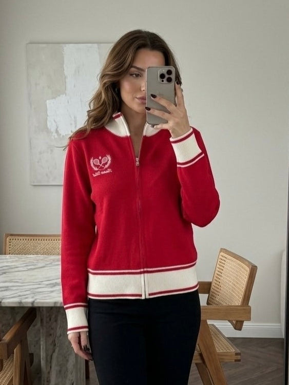 Red Contrast Trim Zip-Up Knit Top