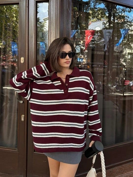 Burgundy Striped Wool Sweater