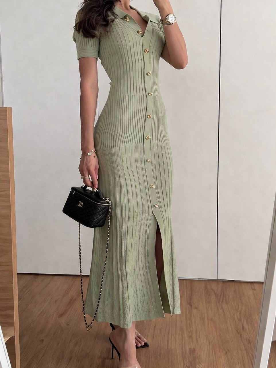Olive Gold Button Knit Maxi Dress