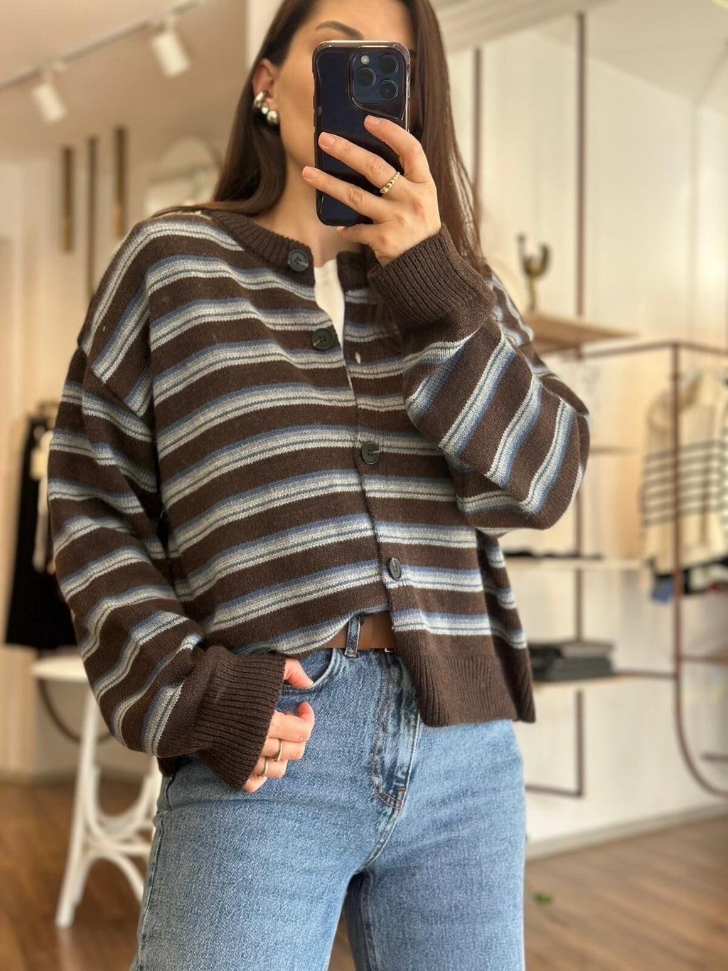 Mocha Stripe Knit Cardigan
