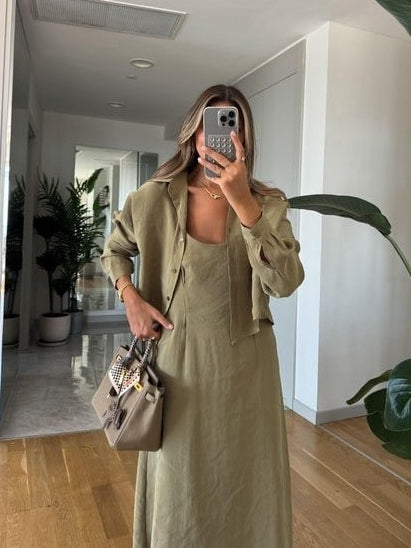 Olive Linen Midi Dress Set