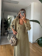 Olive Linen Midi Dress Set