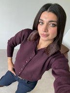 Burgundy Fur-Collar Cardigan