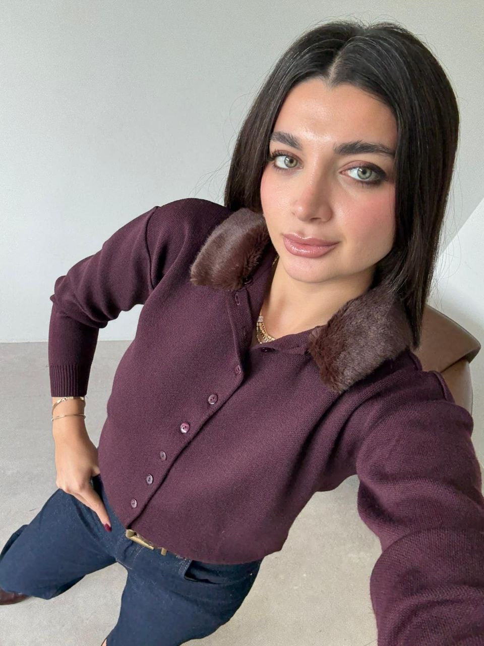 Burgundy Fur-Collar Cardigan