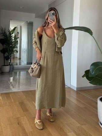 Olive Linen Midi Dress Set