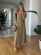 Olive Linen Midi Dress Set