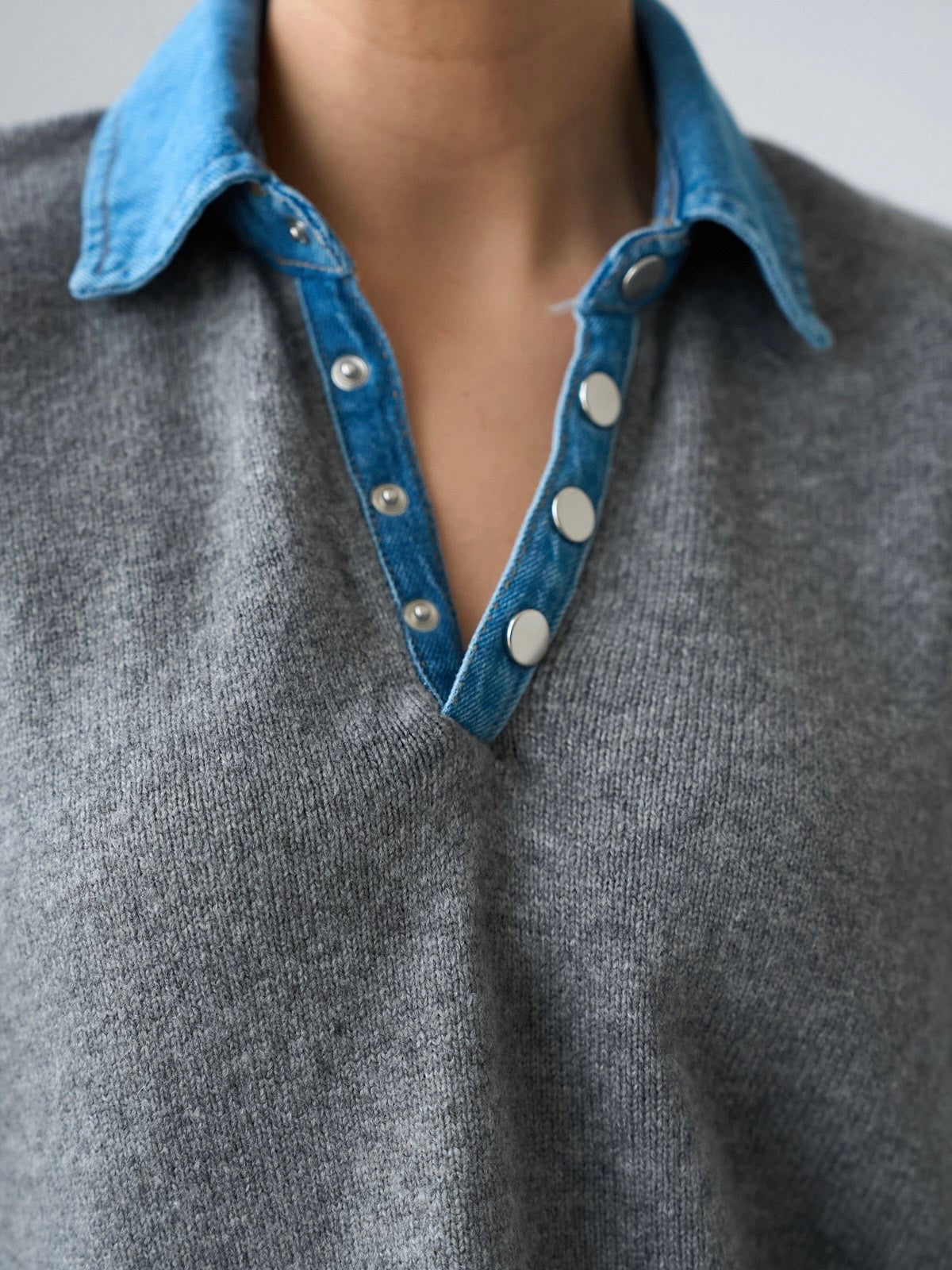 Grey Wool Knit Sweater with Denim