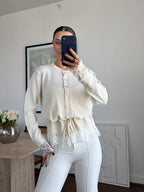 Lace Trim Knit Button-Front Cardigan