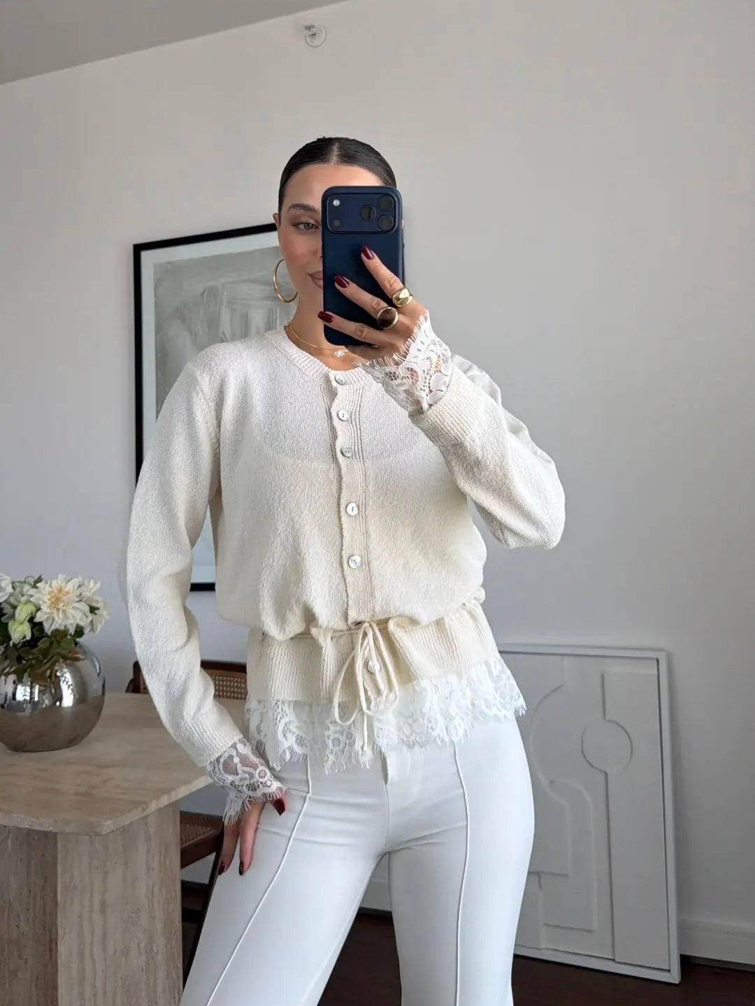 Lace Trim Knit Button-Front Cardigan
