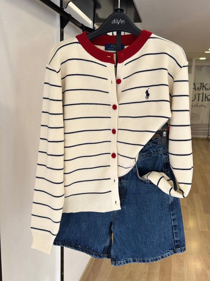 White Striped Polo Cardigan