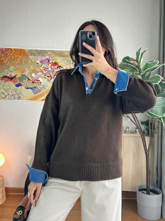 Brown Wool Knit Sweater with Denim