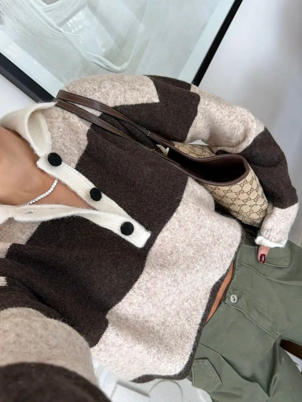 Brown Beige Block Striped Polo Sweater