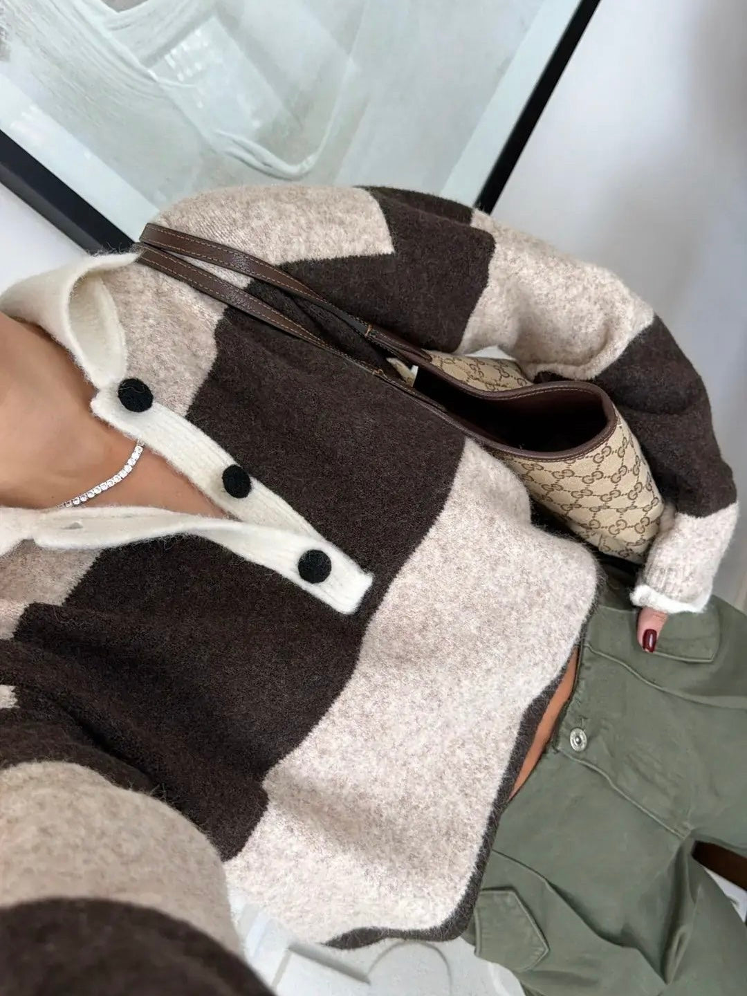 Brown Beige Block Striped Polo Sweater