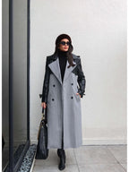 Grey Leather Sleeve Long Coat