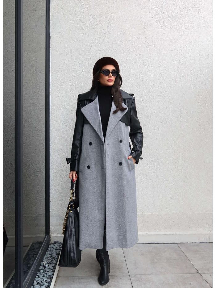 Grey Leather Sleeve Long Coat