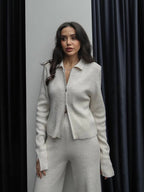 Beige Ribbed Knit Zip-Up Set