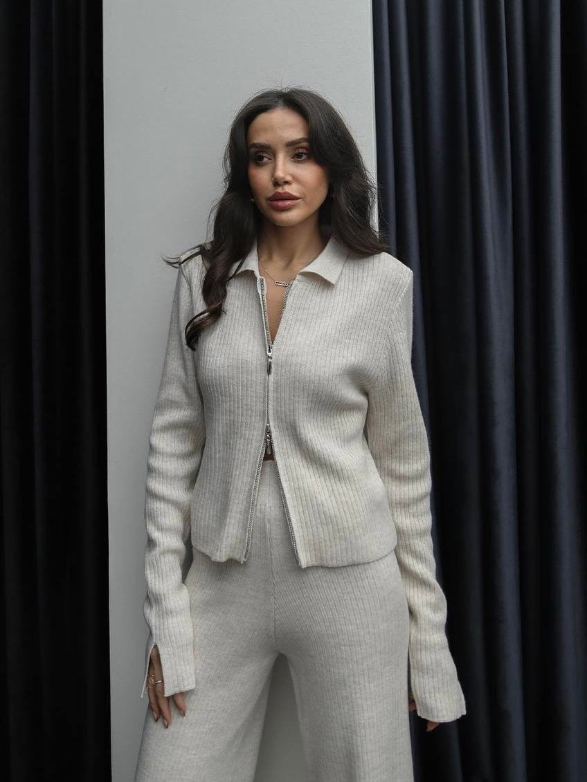 Beige Ribbed Knit Zip-Up Set