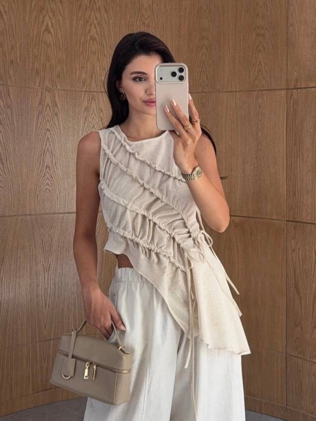 Ruched Asymmetric Linen Top