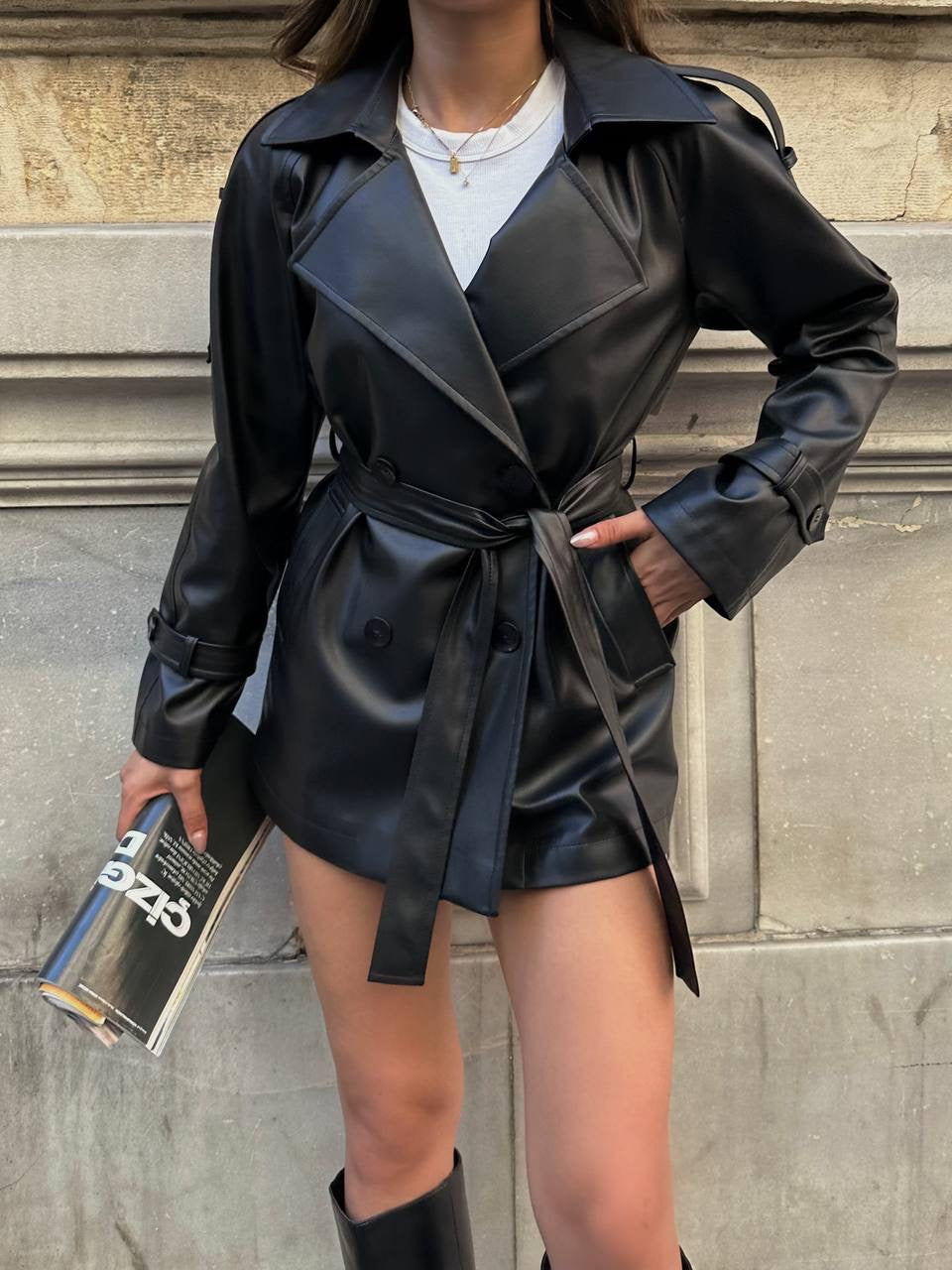Belted Leather Look Coat