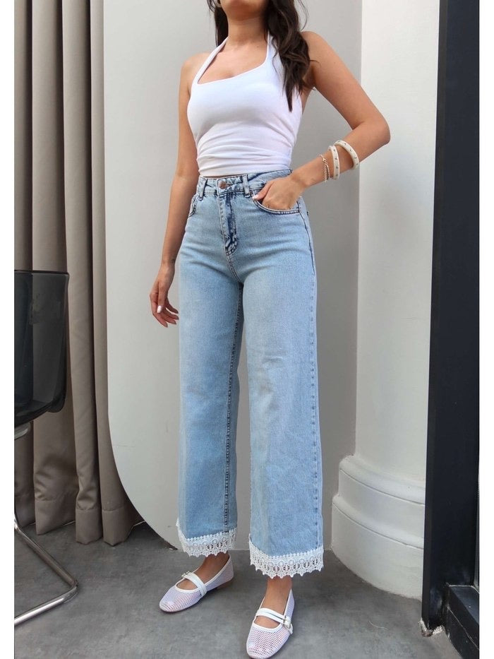 Lace Hem Wide Leg Jeans