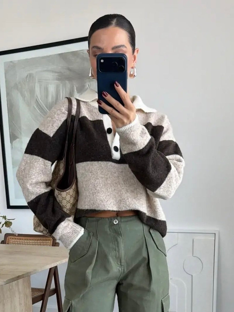 Brown Beige Block Striped Polo Sweater