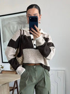Brown Beige Block Striped Polo Sweater