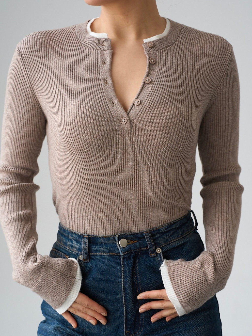 Ribbed Button Neck Top
