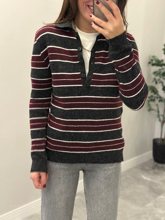 Burgundy Striped Knit Polo Sweater