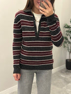 Burgundy Striped Knit Polo Sweater